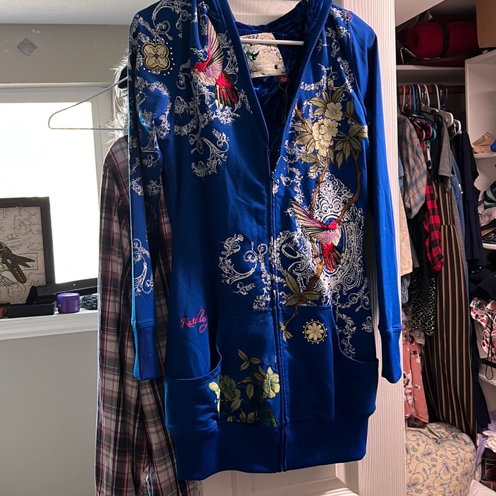 Incredible embroidered velvety lined longline hooded jacket